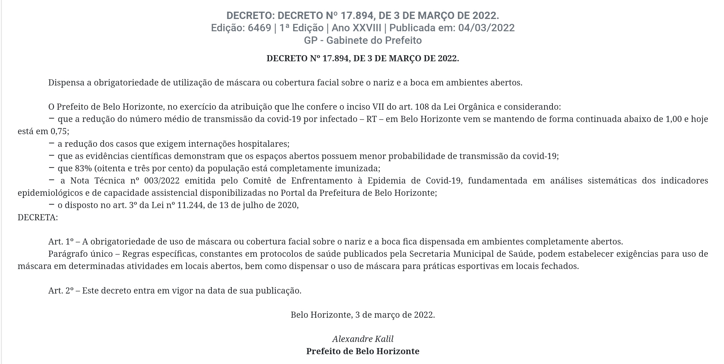 Decreto Prefeito BH - 03/2022
